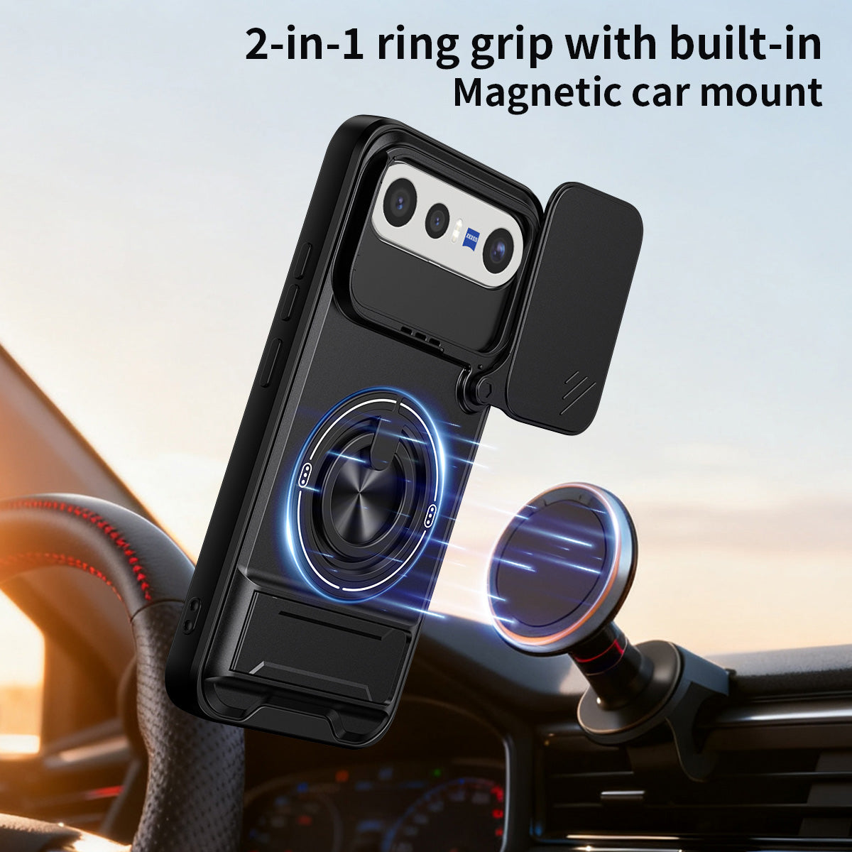 Vivo X300 FE - Magnetic Ironclad Case with Sliding Lens Cover, Ring Holder & Kickstand