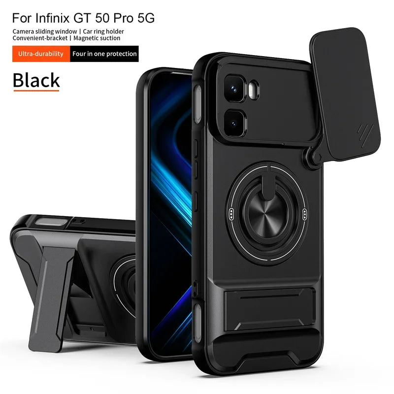 Infinix GT 50 Pro - Magnetic Ironclad Case with Sliding Lens Cover, Ring Holder & Kickstand