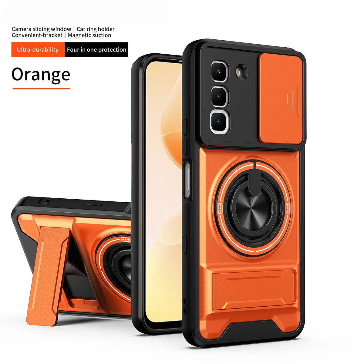 Infinix Hot 70 Pro - Magnetic Ironclad Case with Sliding Lens Cover, Ring Holder & Kickstand