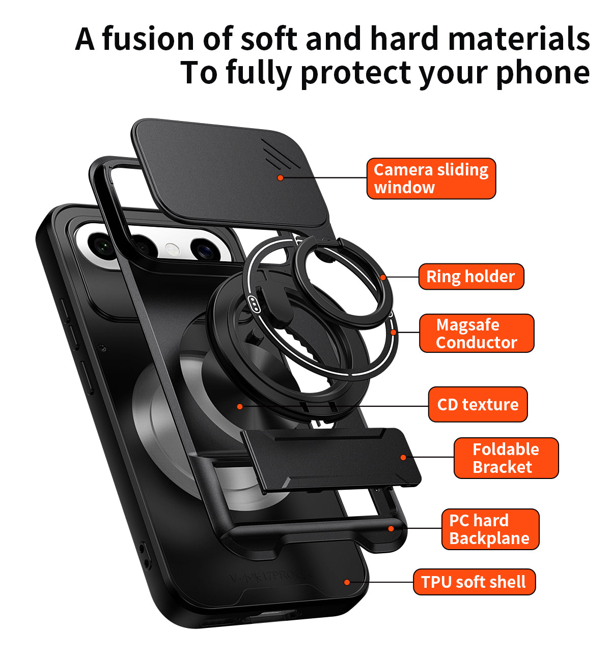 Vivo X300 FE - Magnetic Ironclad Case with Sliding Lens Cover, Ring Holder & Kickstand