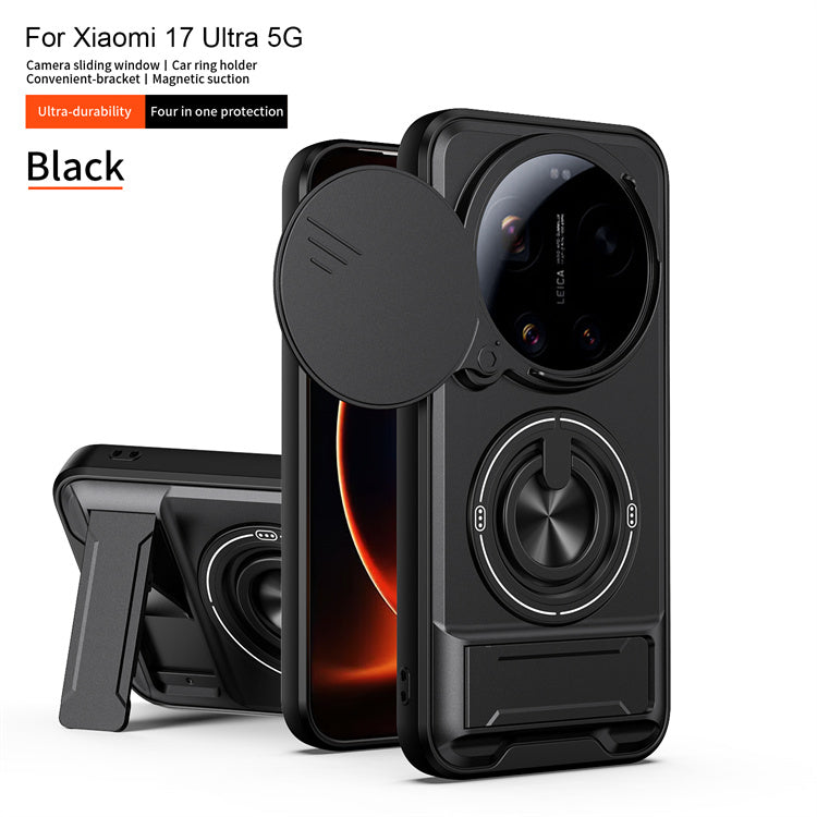 Xiaomi 17 Ultra - Magnetic Ironclad Case with Sliding Lens Cover, Ring Holder & Kickstand