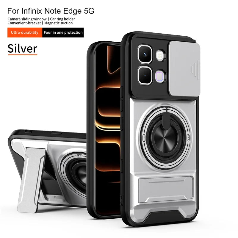 Infinix Note Edge - Magnetic Ironclad Case with Sliding Lens Cover, Ring Holder & Kickstand