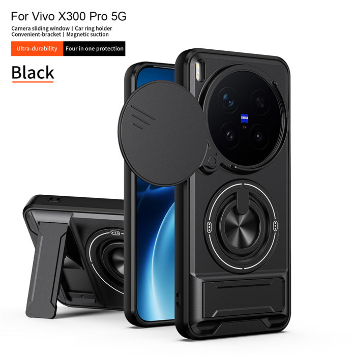 Vivo X300 FE - Magnetic Ironclad Case with Sliding Lens Cover, Ring Holder & Kickstand