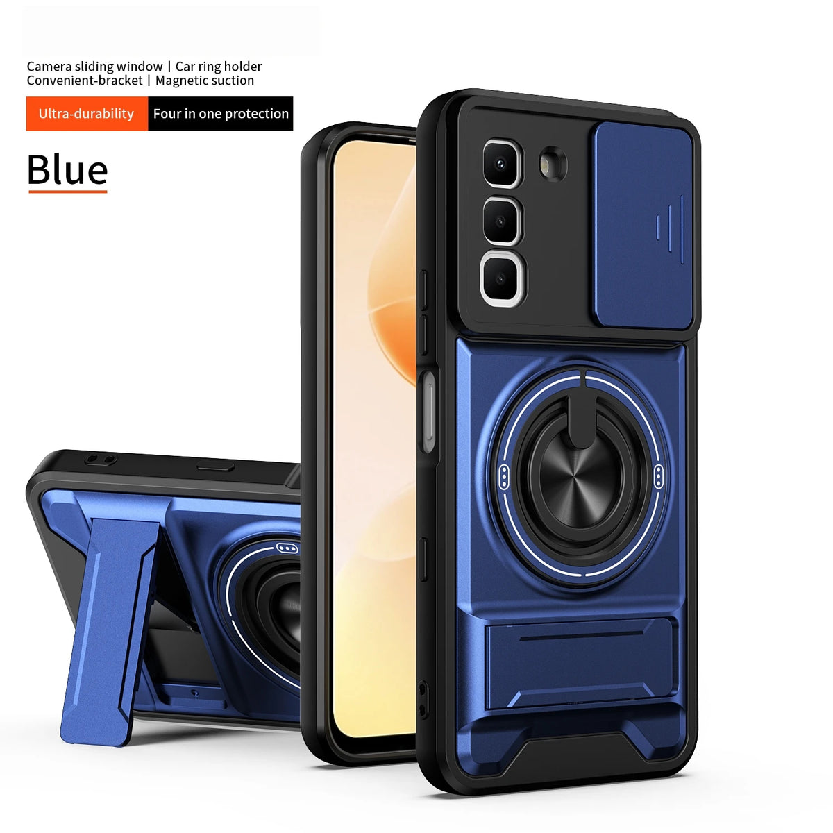 Infinix Hot 70 Pro - Magnetic Ironclad Case with Sliding Lens Cover, Ring Holder & Kickstand