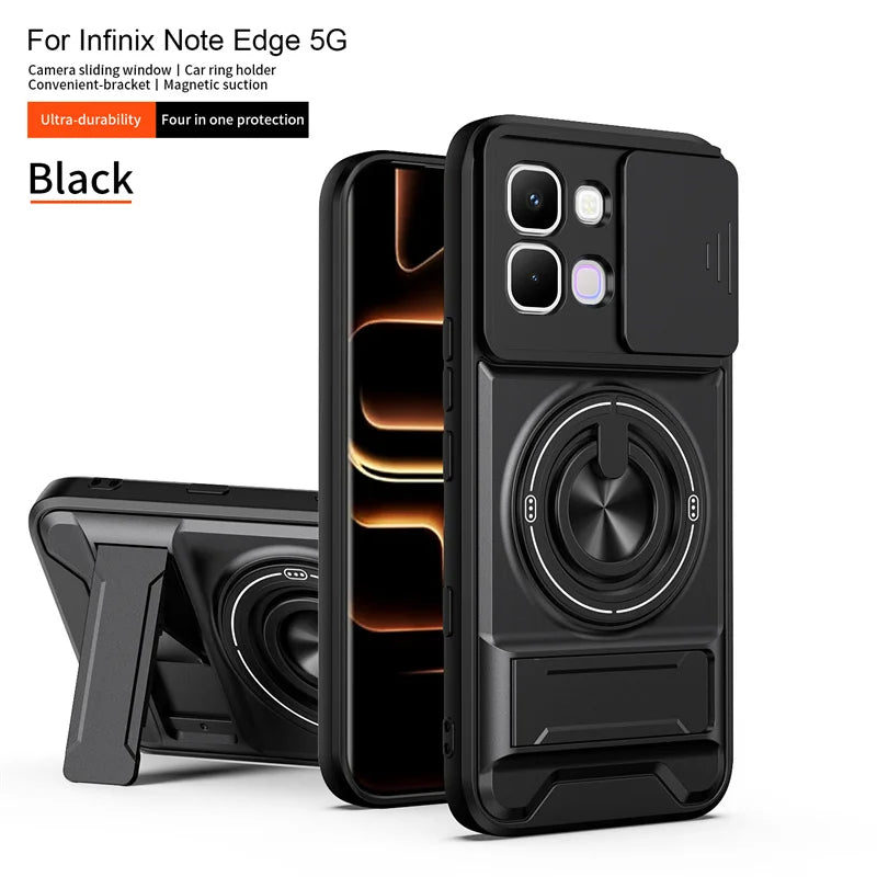 Infinix Note Edge - Magnetic Ironclad Case with Sliding Lens Cover, Ring Holder & Kickstand