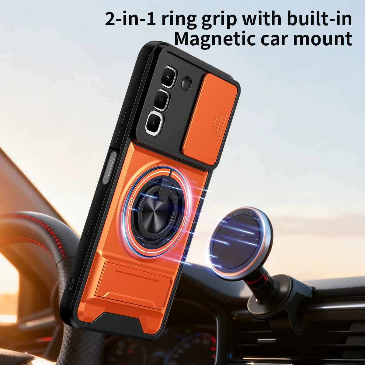 Infinix Hot 70 Pro - Magnetic Ironclad Case with Sliding Lens Cover, Ring Holder & Kickstand