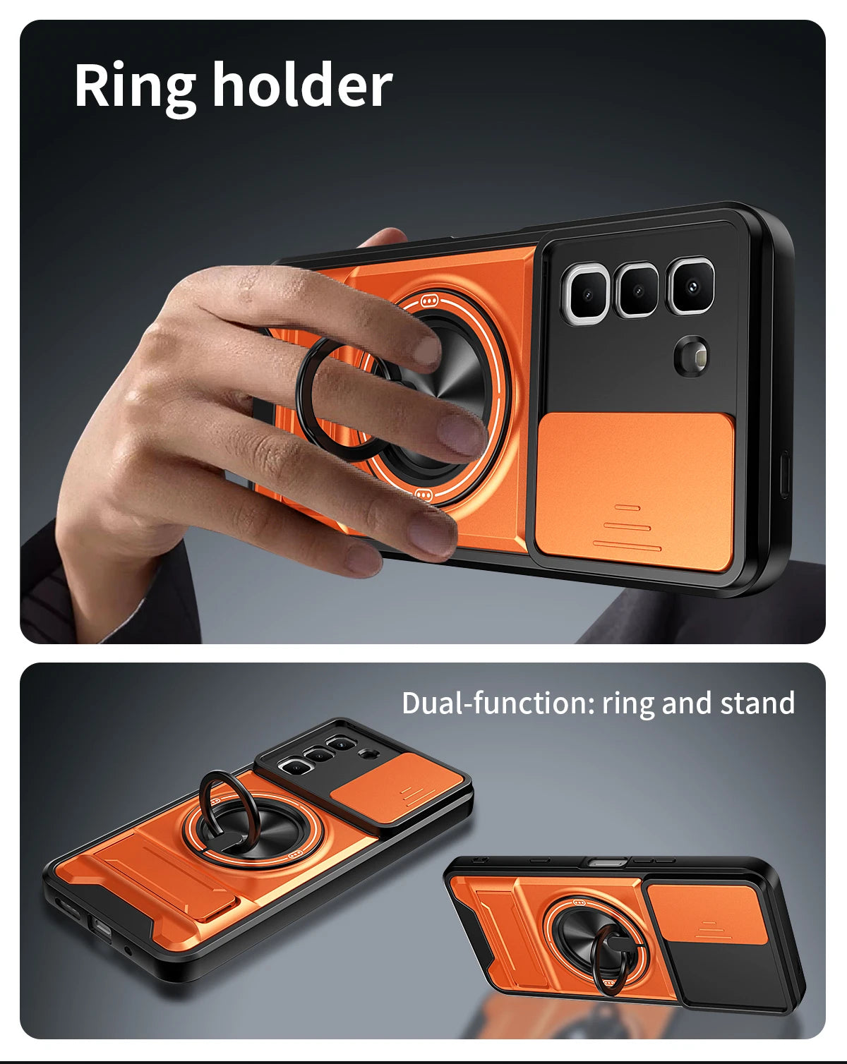 Infinix Hot 70 Pro - Magnetic Ironclad Case with Sliding Lens Cover, Ring Holder & Kickstand