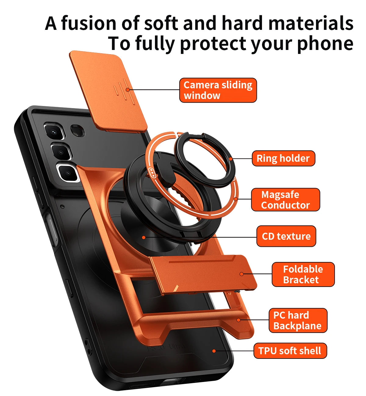 Infinix Hot 70 Pro - Magnetic Ironclad Case with Sliding Lens Cover, Ring Holder & Kickstand