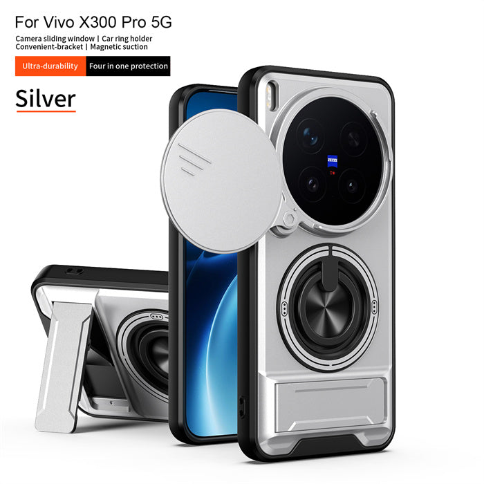 Vivo X300 FE - Magnetic Ironclad Case with Sliding Lens Cover, Ring Holder & Kickstand