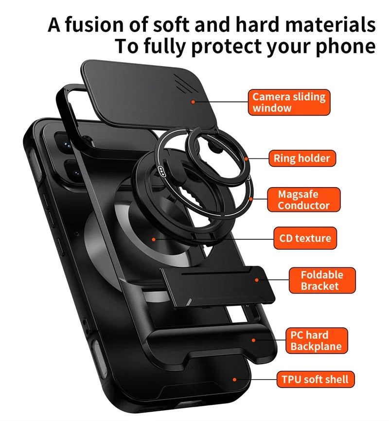 Infinix GT 50 Pro - Magnetic Ironclad Case with Sliding Lens Cover, Ring Holder & Kickstand