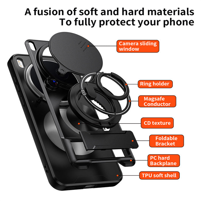 Vivo X300 FE - Magnetic Ironclad Case with Sliding Lens Cover, Ring Holder & Kickstand