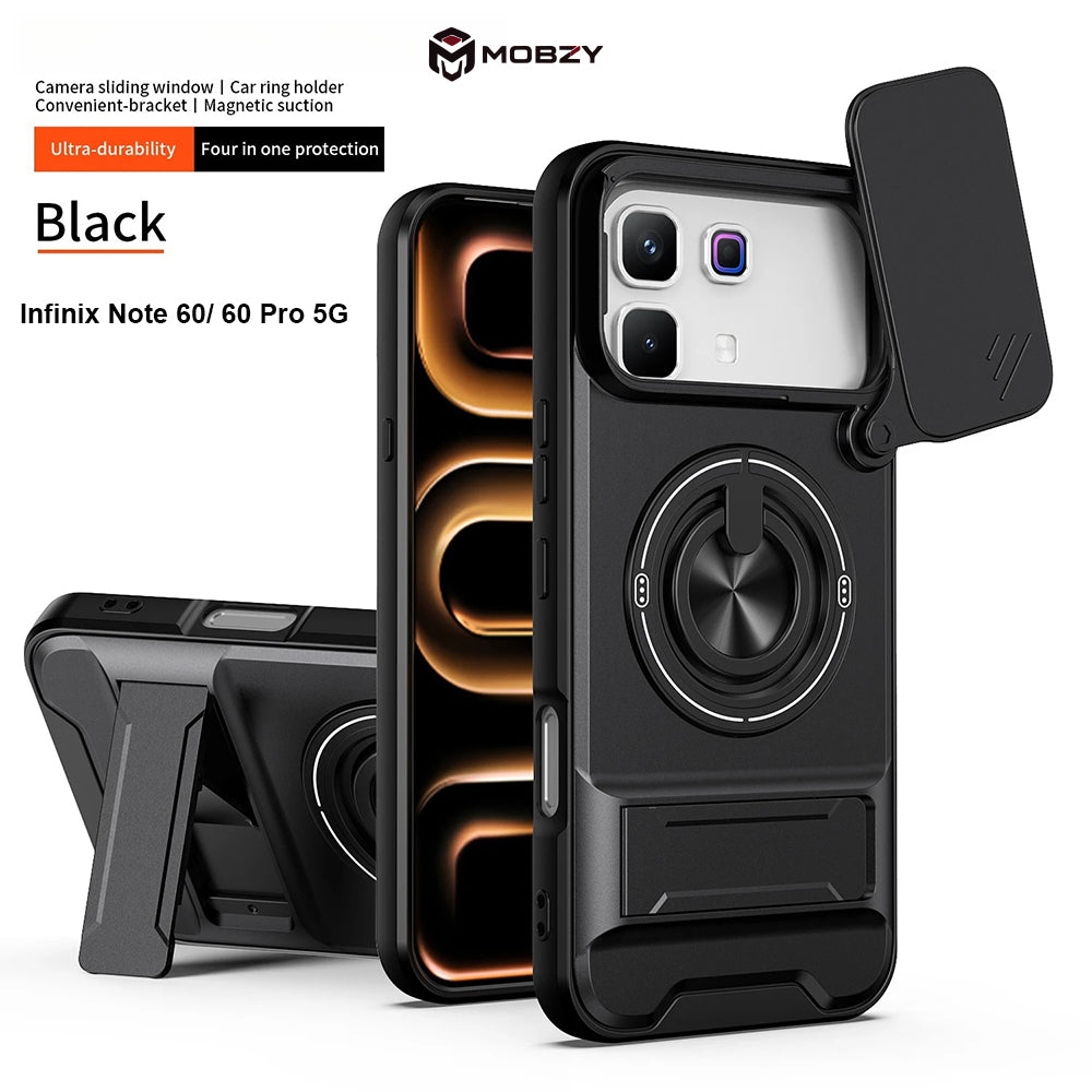 Infinix Note 60/ 60 Pro - Magnetic Ironclad Case with Sliding Lens Cover, Ring Holder & Kickstand