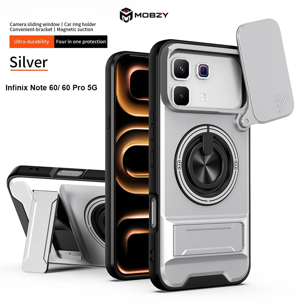 Infinix Note 60/ 60 Pro - Magnetic Ironclad Case with Sliding Lens Cover, Ring Holder & Kickstand