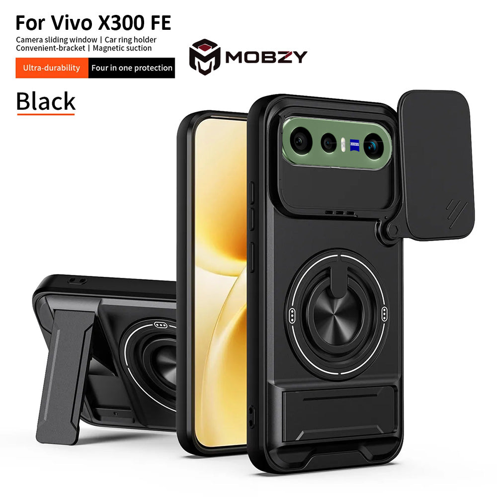 Vivo X300 FE - Magnetic Ironclad Case with Sliding Lens Cover, Ring Holder & Kickstand