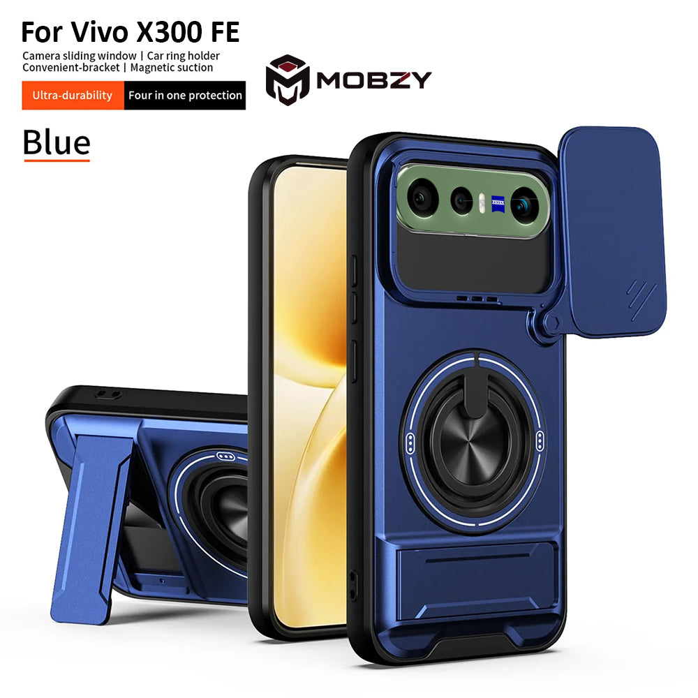 Vivo X300 FE - Magnetic Ironclad Case with Sliding Lens Cover, Ring Holder & Kickstand