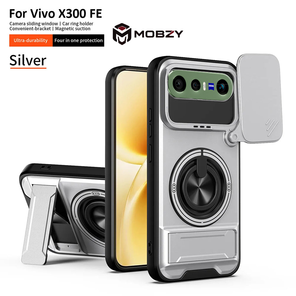 Vivo X300 FE - Magnetic Ironclad Case with Sliding Lens Cover, Ring Holder & Kickstand